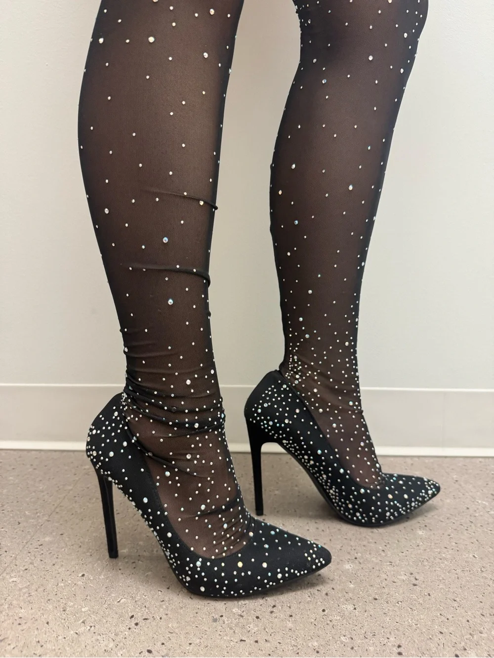 Liliana Black Rhinestone Thigh-High Sheer Stocking Heels - Size 9